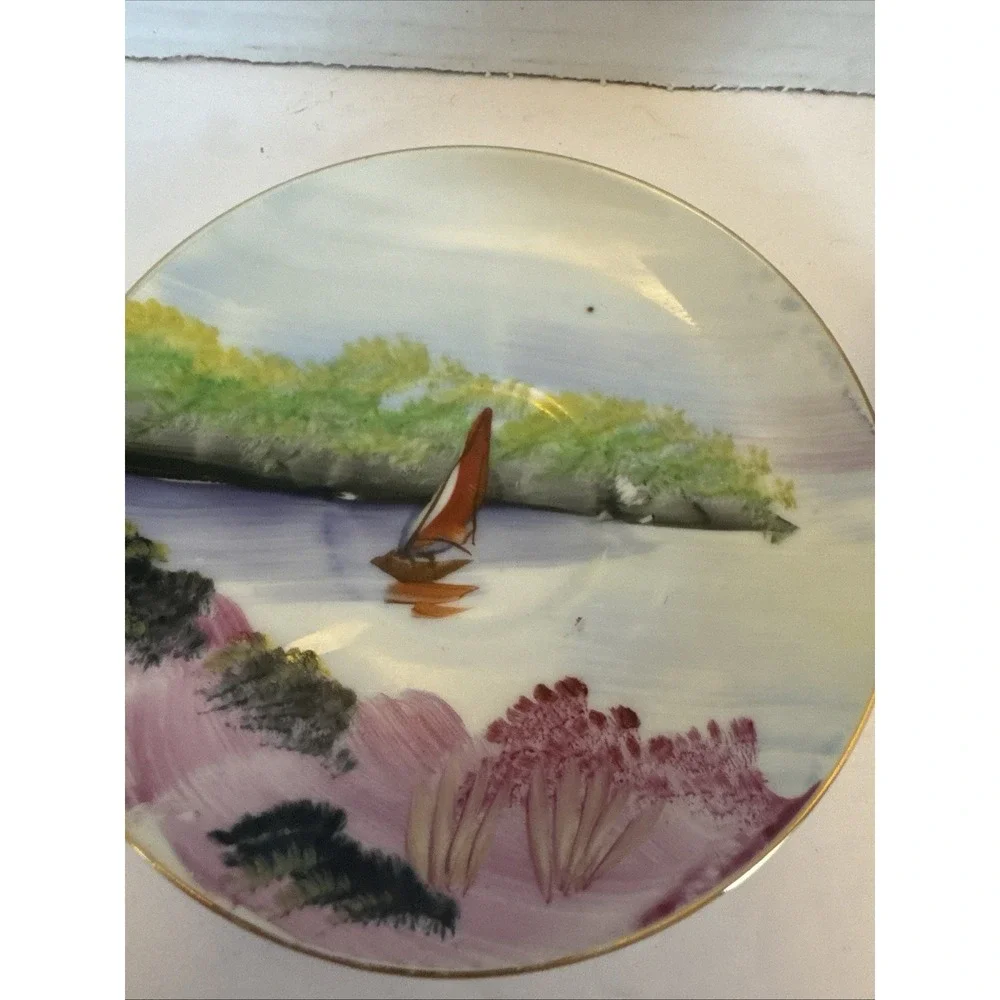 Vintage Ucagco Small Teacup & Saucer Set Sailboat Scene w Gold Trim Japan